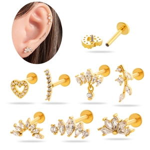 Gold stainless steel labret set with heart crown and zircon studs for ear piercings
