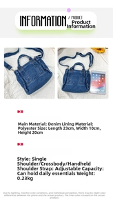 Detailed size comparison of the blue denim crossbody bag next to a digital tablet
