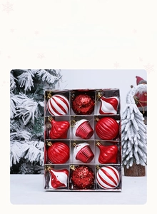Detailed set of 12 red and white Christmas tree ornaments including cupcakes and striped balls