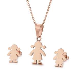 Cute girl charm pendant necklace and earrings jewelry set in rose gold titanium steel