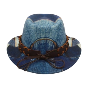 Ethnic denim style western cowboy hat with brown braided leather band for kids