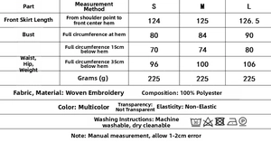 Detailed size chart for embroidered pleated maxi dress with material and measurement guide