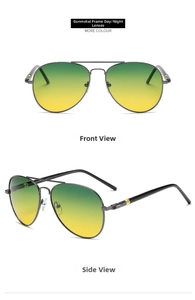 Front and side views of gunmetal aviator sunglasses with day-night gradient lenses