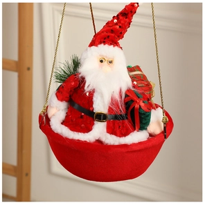 Close-up of Santa Claus hanging hot air balloon decoration with red sequins and felt basket