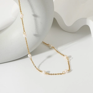 18K gold plated stainless steel necklace with white natural freshwater pearls for women