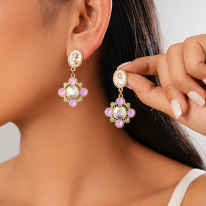 Baroque style gold earrings with goddess cameo and colorful crystal cross drops