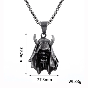 Detailed dimensions of antique silver demon mask pendant in stainless steel