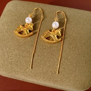 Rocking Horse Drop Earrings With Artificial Pearl Decorative Copper Animal Pony Long Ear Threaders And Silver Earring Post