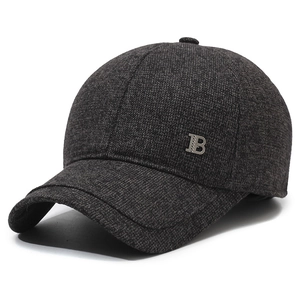 Mens winter warm baseball cap in dark grey tweed with ear flaps and metal B detail