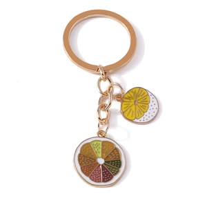 Creative lemon slice keychain with gold finish and colorful enamel fruit pendants