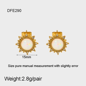 Detail of 15mm 18K gold plated sunflower earrings with opal center and diamond accents