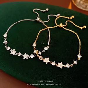 Star And Round Zircon Adjustable Pull String Bracelet Copper Gold Silver Plated Elegant Jewelry For Women