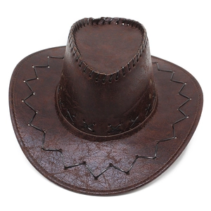 Detail of dark brown western cowboy hat with rustic leather texture and woven stitching
