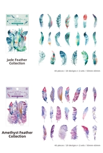 Macro detail of feather PET stickers for journaling showing emerald and amethyst patterns