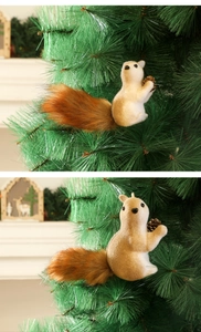 Detailed close-up of a realistic squirrel ornament with fluffy tail on a Christmas tree