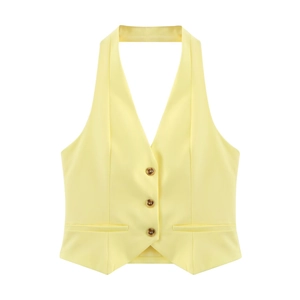 Gilet giallo acceso con scollo all'americana, tre bottoni e tasche decorative
