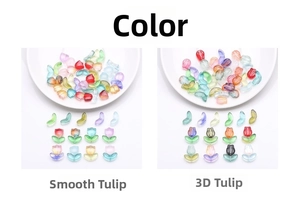 Close-up of colorful tulip shaped glass beads for DIY jewelry making in various candy colors