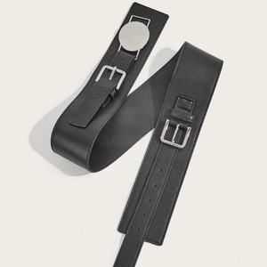 Women's black wide leather belt with stylish silver double buckle for dresses and coats