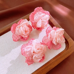 Elegant pink handmade lace flower clip earrings for women in a four-piece jewelry set