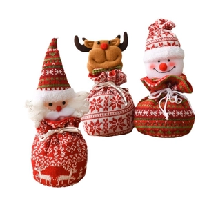 Three-piece Christmas knitted drawstring gift bags with Santa, reindeer and snowman designs