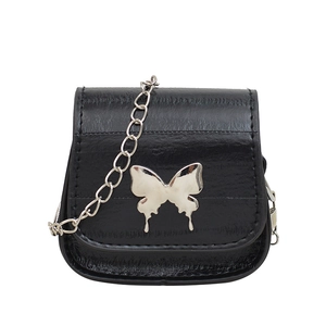 Mini black butterfly crossbody bag with silver chain strap and shiny faux leather finish