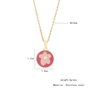Detail shot of pink flower pendant on gold stainless steel chain with dimensions 40+5cm
