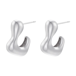 Detailed view of silver abstract curved stud earrings with a polished metallic finish