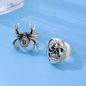 Detailed macro view of vintage silver alloy rings featuring spider and skull motifs