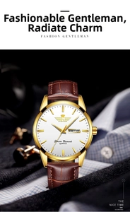 Close-up of quartz watch dial with double calendar display and leather strap