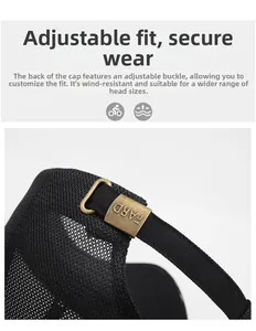 Detail of breathable black mesh baseball cap with adjustable vintage gold metal buckle
