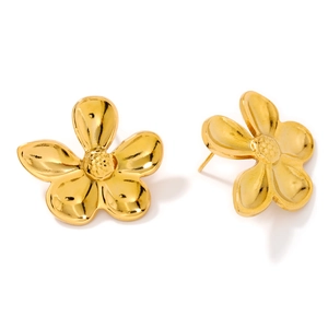 Golden stainless steel five-petal flower stud earrings with textured central stamens