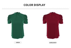 Mock neck puff short sleeve shirts for women in dark green and burgundy colors