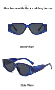 Front and side views of blue transparent oversized polygon cat-eye sunglasses with dark lenses