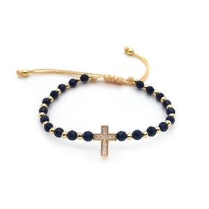 Blue beaded bracelet with crystal beads and gold micro-pave cross pendant for women