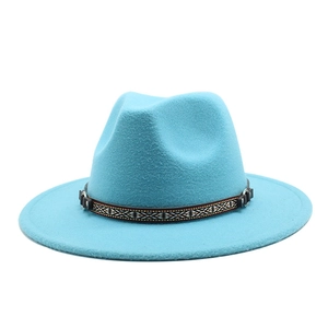 Sky blue wool felt fedora featuring an ethnic geometric band and metal ring detail