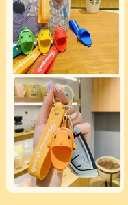 Detail showing creative shark slipper keychain with Forever sports strap and golden ring