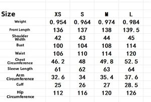 Tableau des tailles pour manteau en tweed contrasté avec mesures de XS à L précises