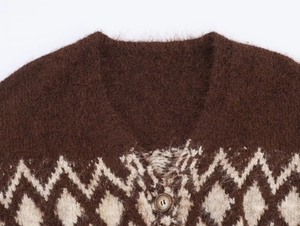 Dettaglio di un cardigan in mohair morbido con motivo a rombi marrone scuro e bottone ambra