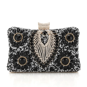 Elegant black evening clutch bag with sparkling floral crystal and gemstone patterns