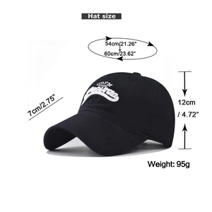 Detailed size chart for black cotton baseball cap with white 3D letter embroidery