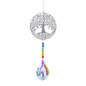 Silver Tree of Life suncatcher with rainbow beads and faceted crystal prism pendant