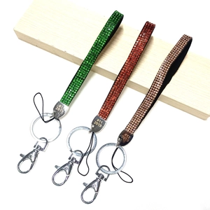 Sparkling crystal rhinestone lanyards with metal keyrings in green, orange and bronze