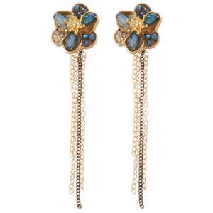 Floral crystal tassel earrings with blue rhinestones and long gold metal chain fringe