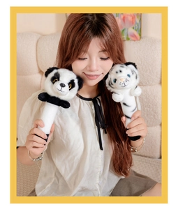 Handheld panda and tiger plush massage hammers made of soft fabric for stress relief