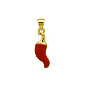 Detailed view of a vibrant red chili pendant with polished gold metal stem and leaf