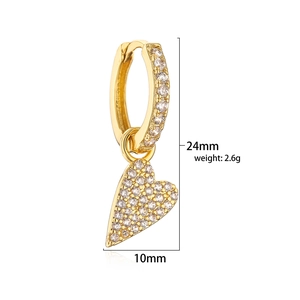Detail view of 18K gold plated heart drop earring with micro-paved zircons and measurements