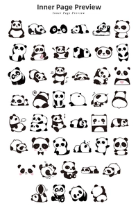 Inner page preview of forty assorted cute cartoon panda stickers for DIY scrapbooks