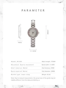 Größentabelle für Damen-Quarzuhr M1089 mit Zifferblatt- und Armbandspezifikationen