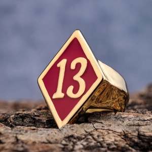 Close-up of a signet ring with a red enamel face and a gold number 13 on tree bark