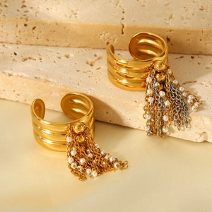 Bague ouverte en acier inoxydable doré 18 carats avec pampille de perles sur pierre